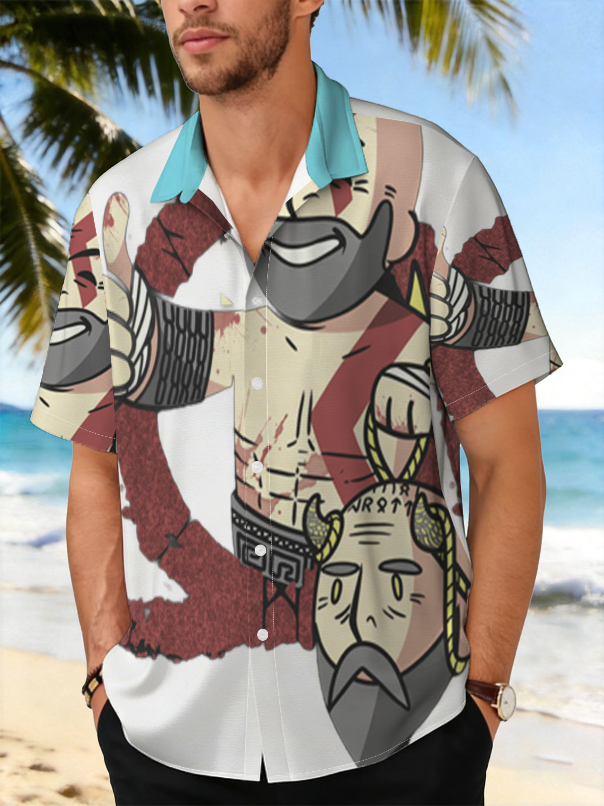 Kratos and Zeus in a stylized battle scene, Kratos giving a thumbs-up with Zeus's head at his feet -  Shirt