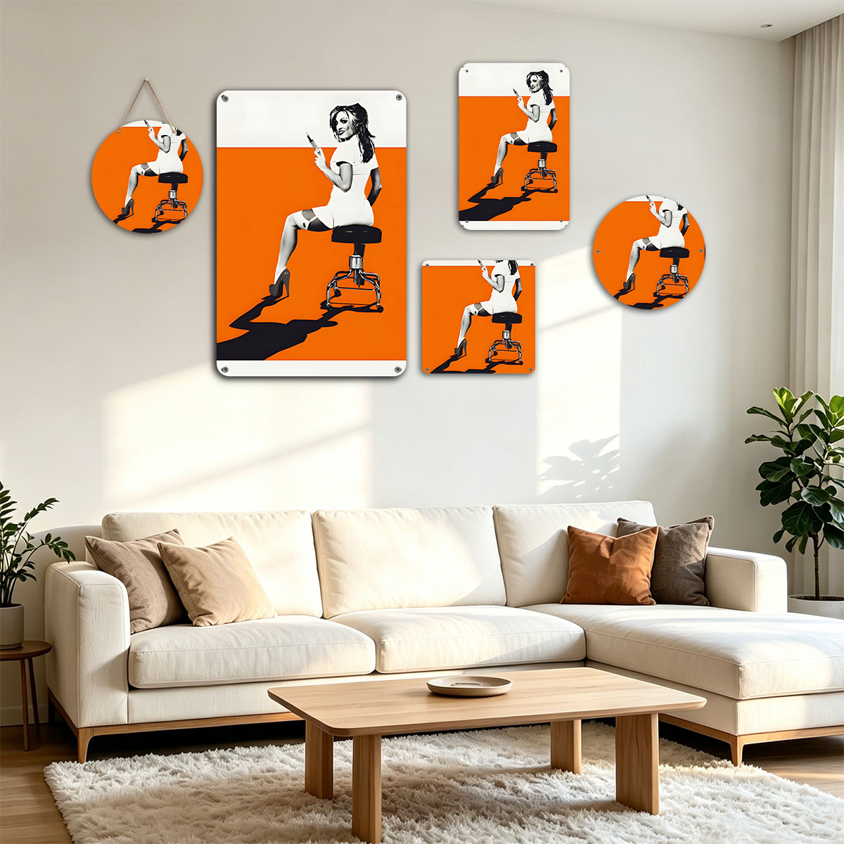 Nurse in White Dress Holding Syringe on Stool Against Orange Background - painting