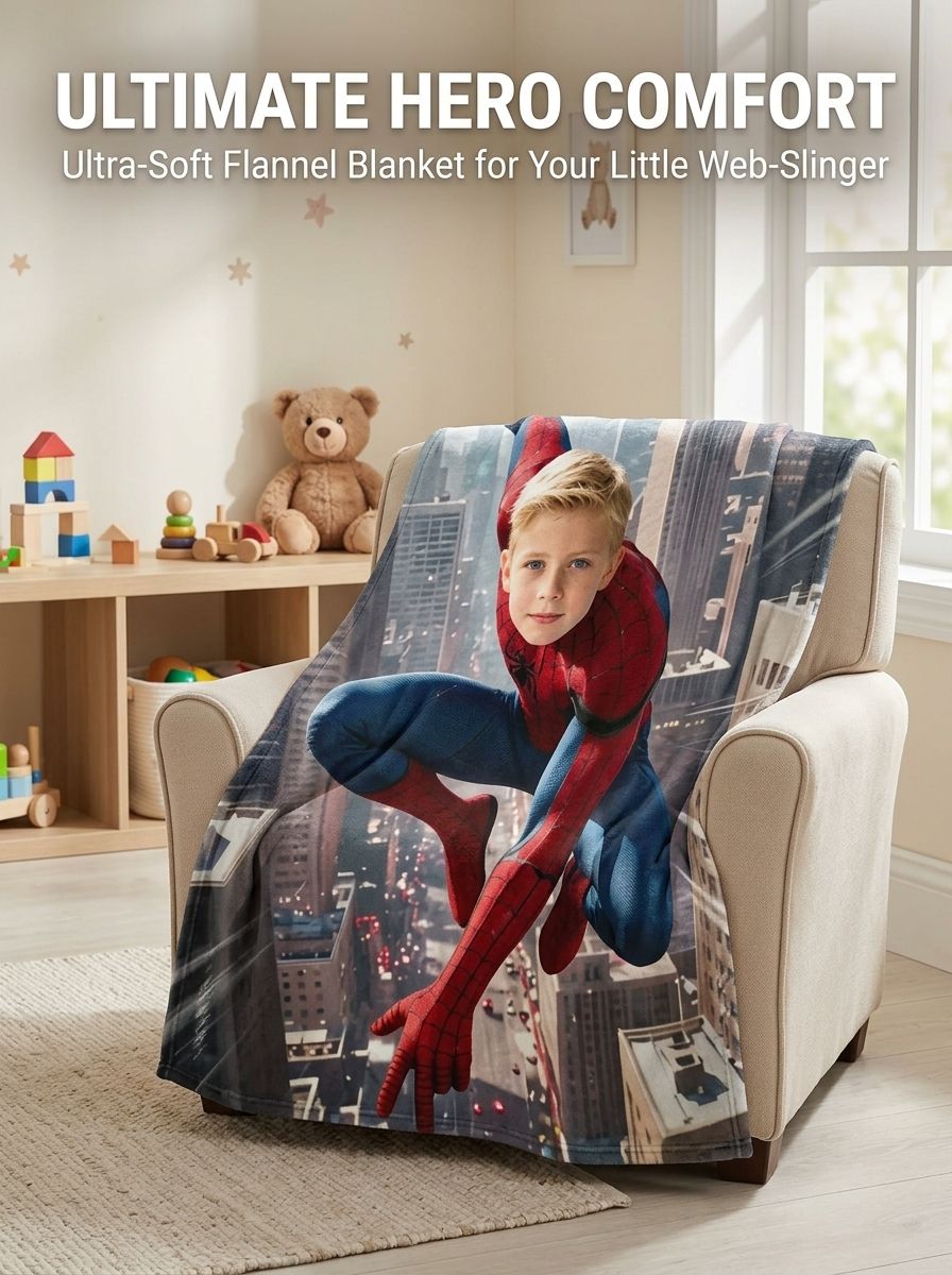 Custom Face Superhero Flannel Blanket Personalized Photo Soft Plush Throw for Kids Bed Couch Cozy Birthday Gift