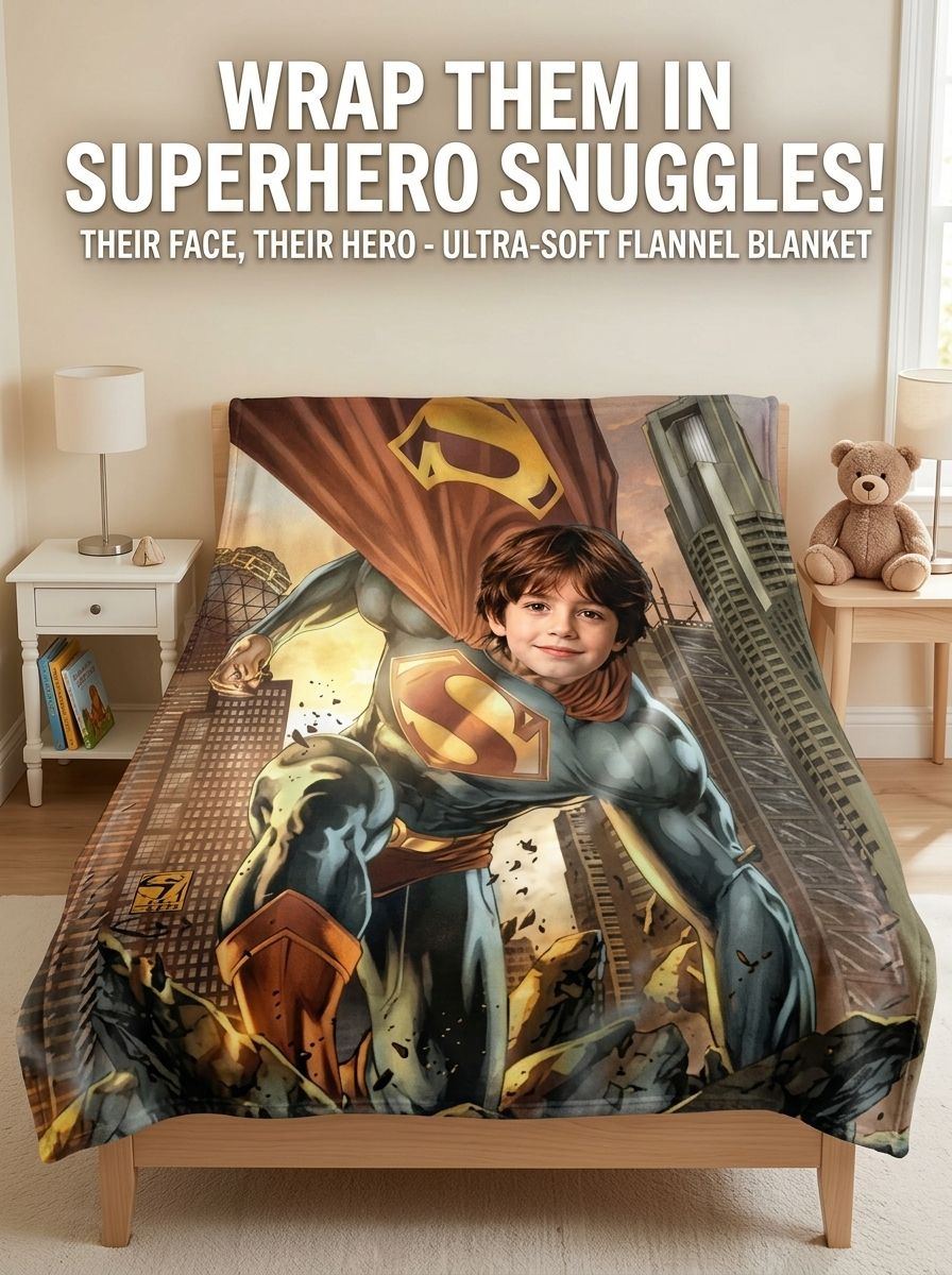 Custom Face Superhero Flannel Blanket, Personalized Photo Throw for Kids and Comic Fans, Cozy Keepsake Gift