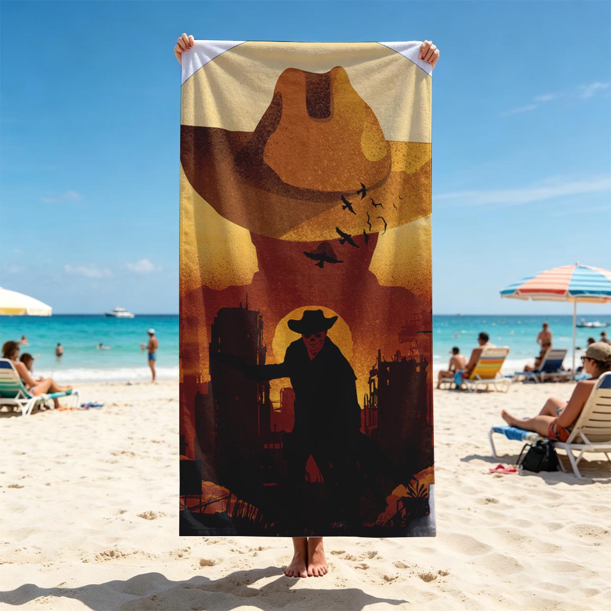 Cowboy Silhouette Against Sunset with Giant Hat and Birds in Sky - Beach towels