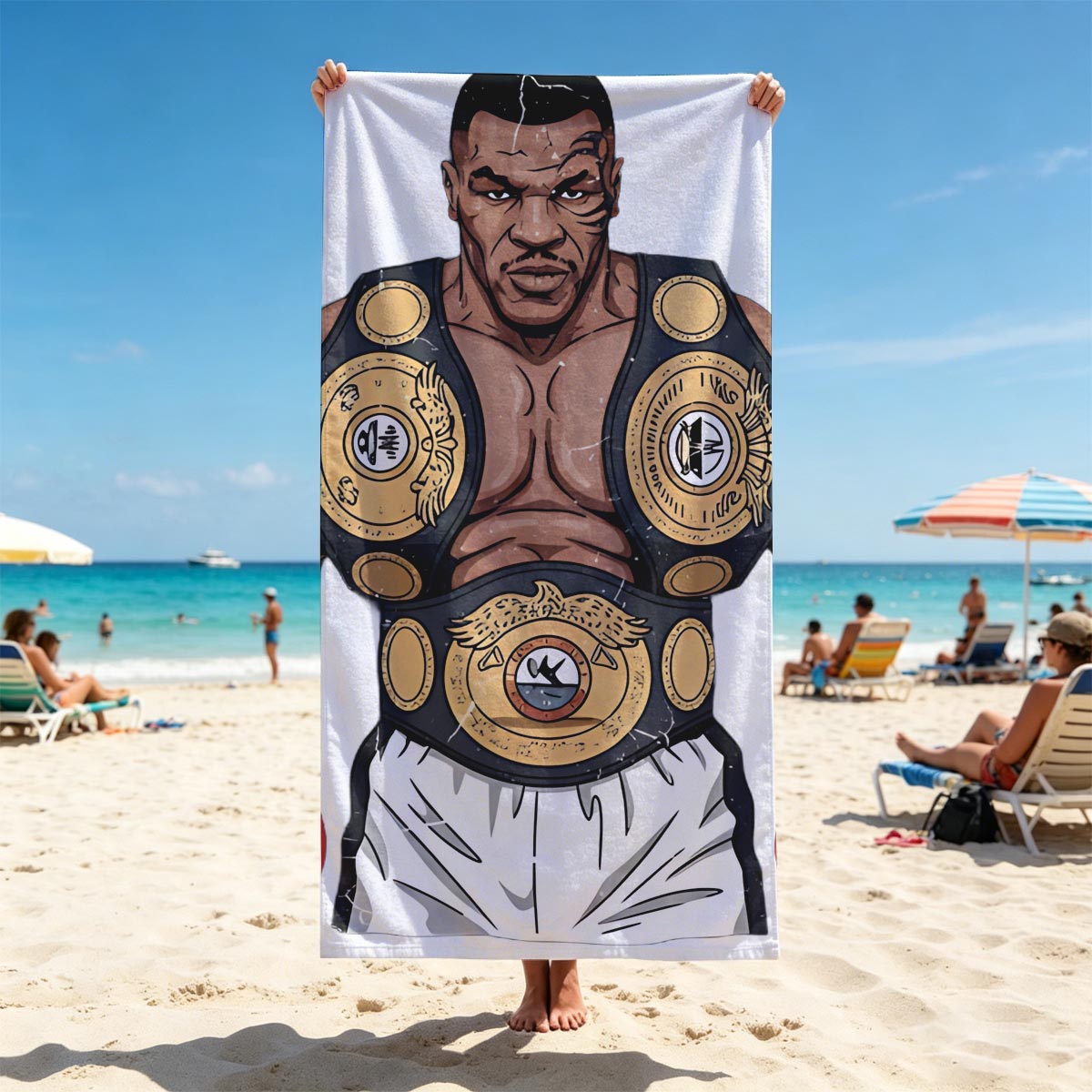 Mike Tyson in Boxing Glory with Championship Belts - Beach towels