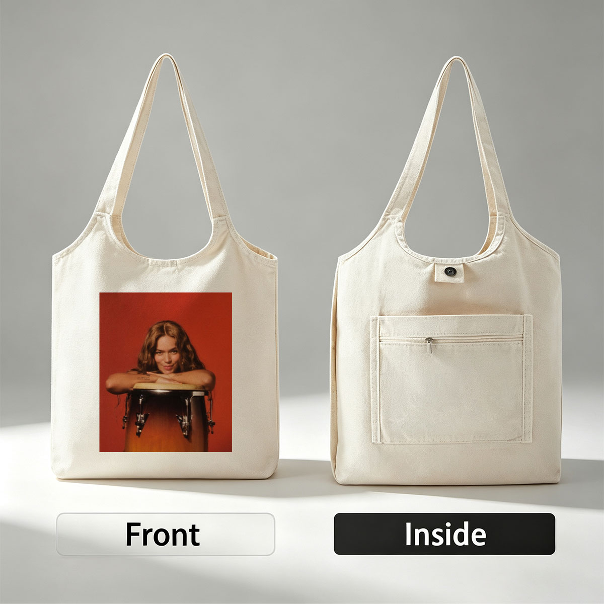 Maren Morris Leaning on a Conga Drum Against a Red Background - Canvas shoulder bags/