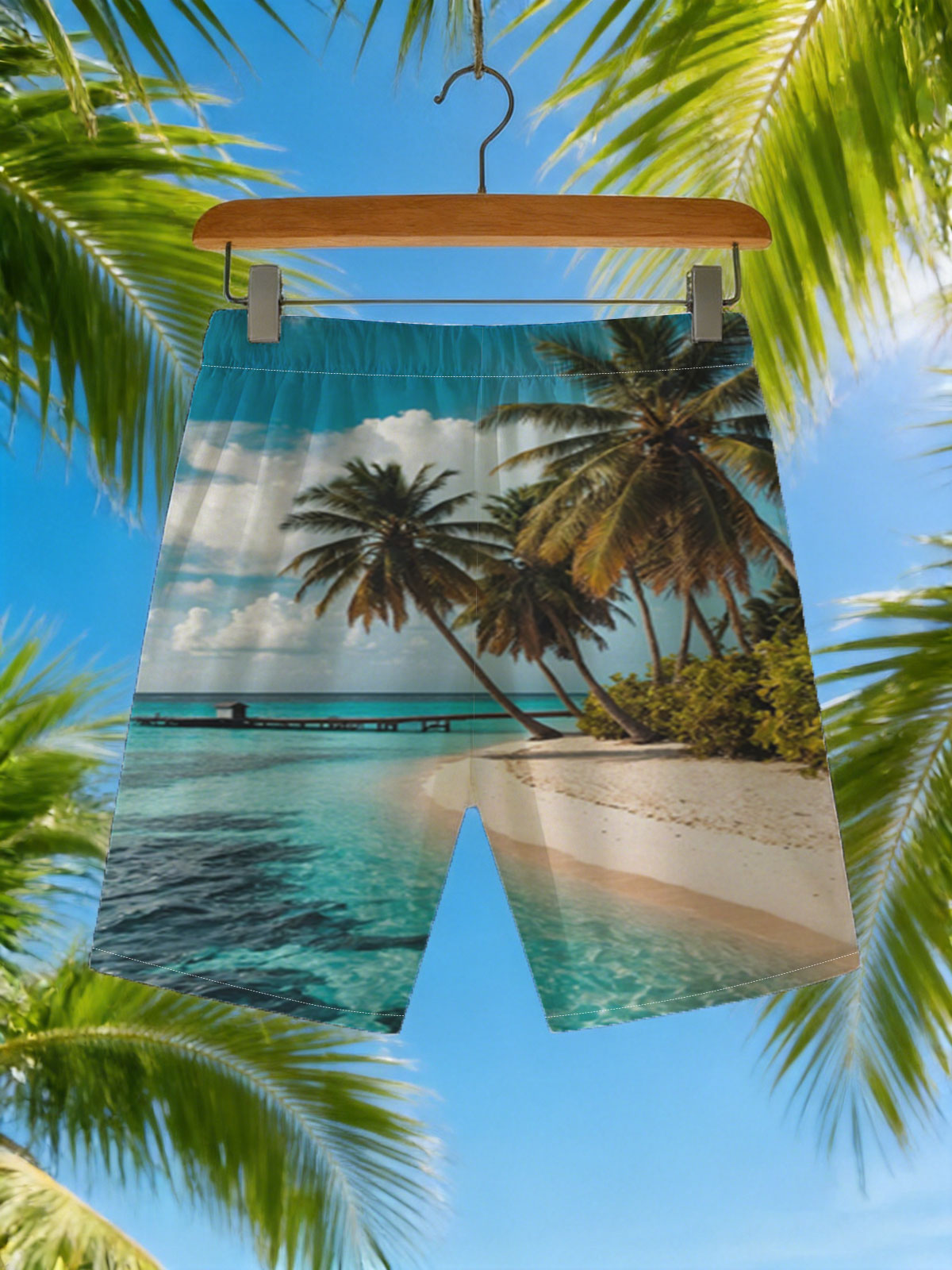 Tropical Beach with Palm Trees and Crystal Clear Water -  Beach shorts