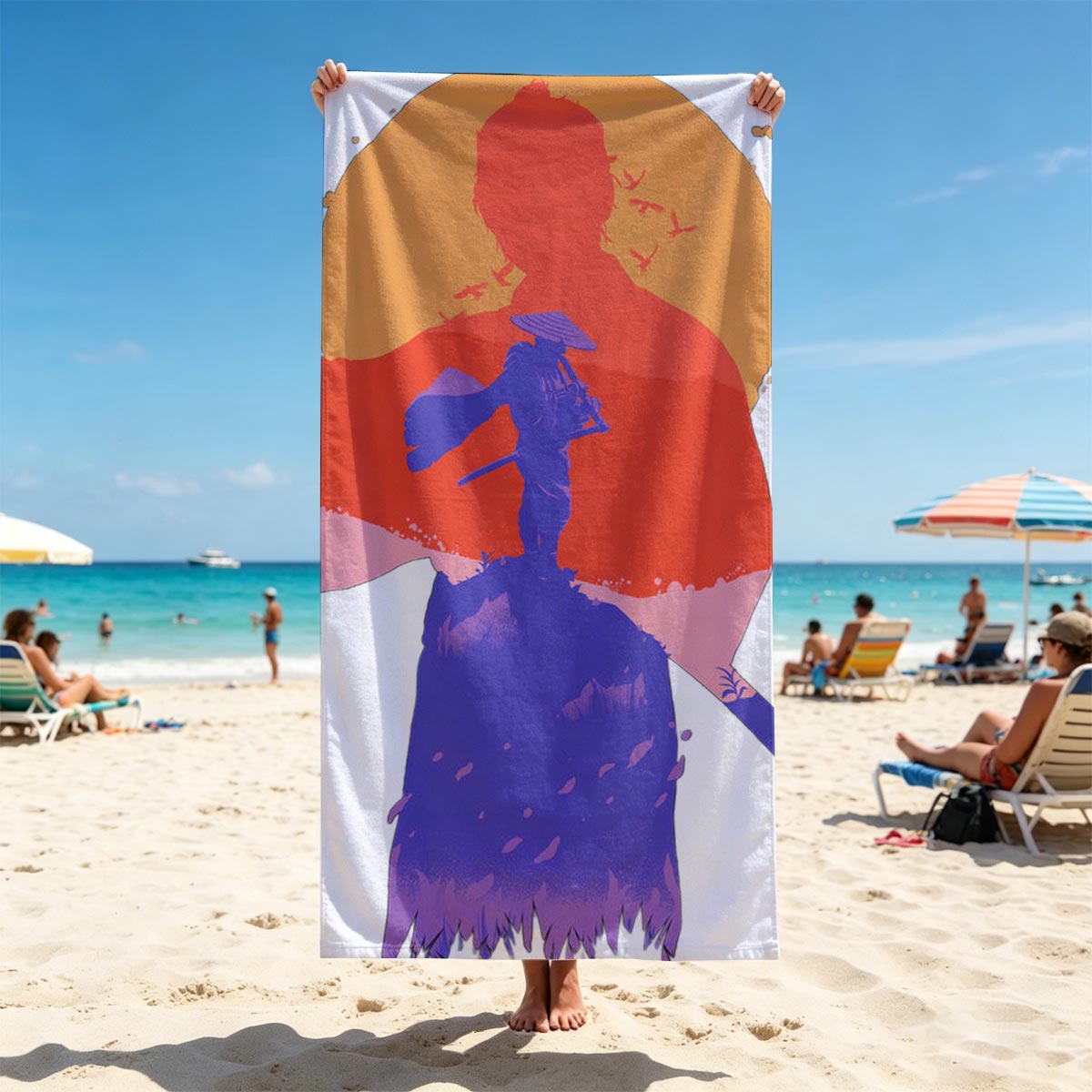 Samurai Silhouette at Sunset with Warrior Figure and Birds in Sky - Beach towels