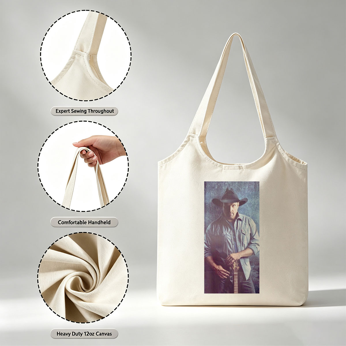 Garth Brook in Cowboy Hat Holding Guitar Against Textured Background - Canvas shoulder bags/