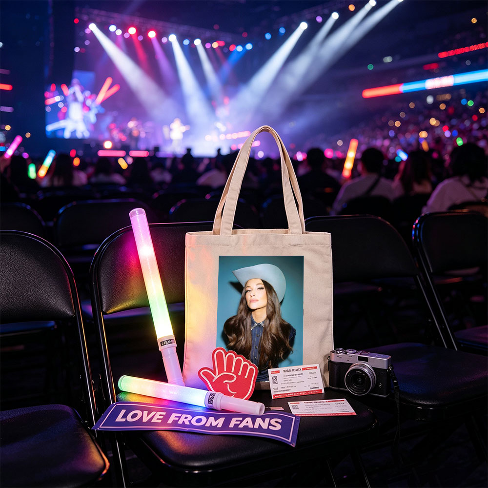 Kacey Musgraves in a Cowboy Hat and Denim Outfit Against a Blue Background - Canvas tote bags