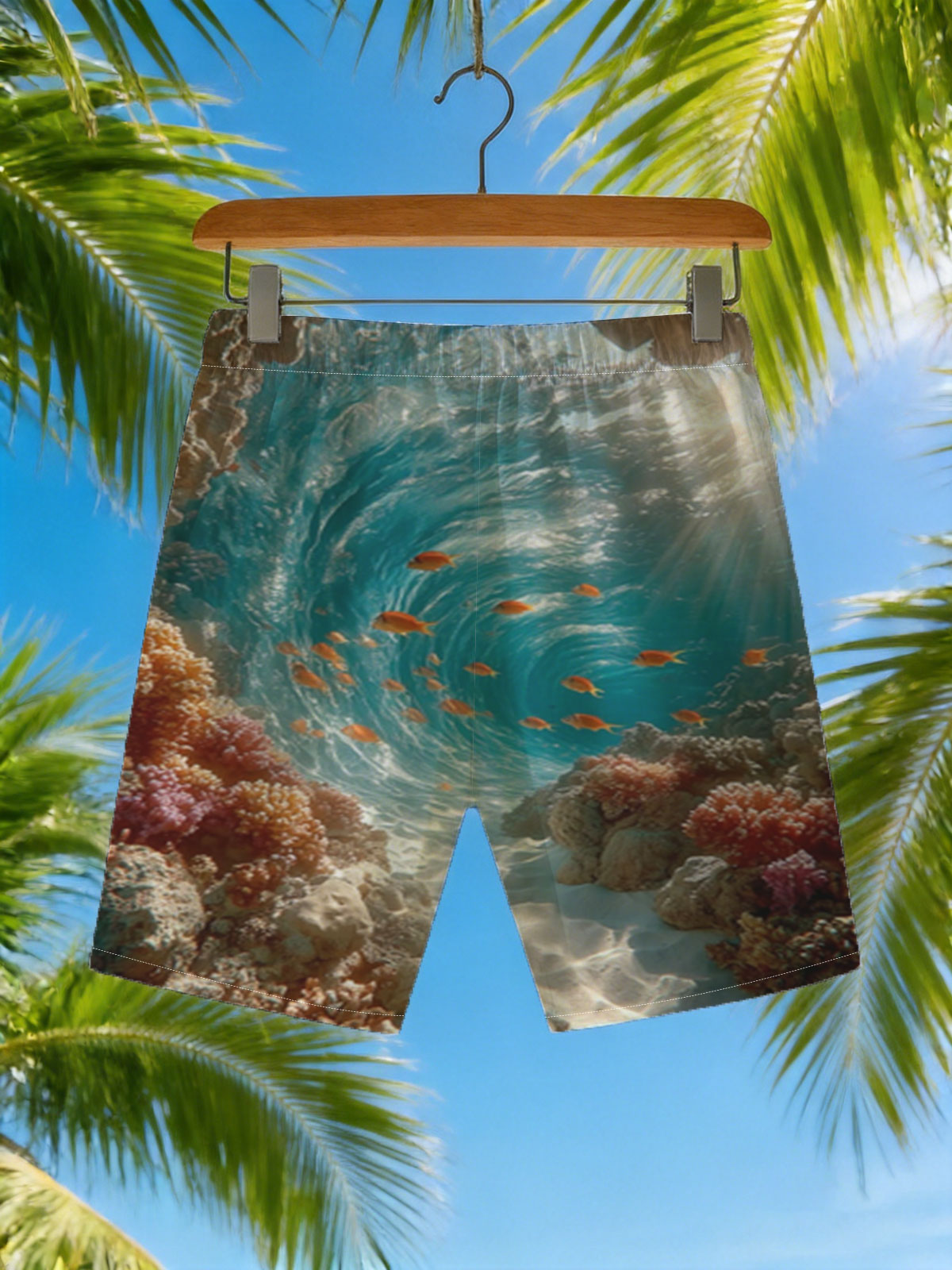 Sunlit Coral Cave with Swimming Fish -  Beach shorts