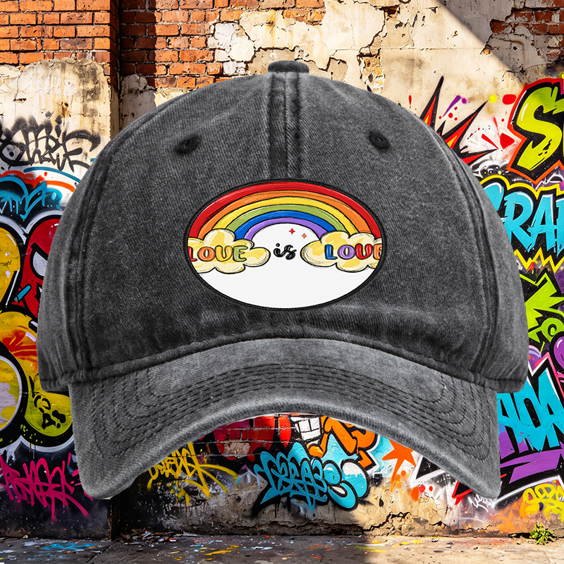 Unisex Classic Washed Hat with Rainbow Love is Love Print | Casual Streetwear Cap for LGBTQ+ Pride & Everyday Wear | Perfect for Adults Seeking Inclusive Fashion Statements