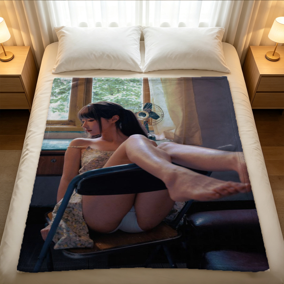 A woman in black stockings and high heels posing topless in a modern kitchen. - Blanket