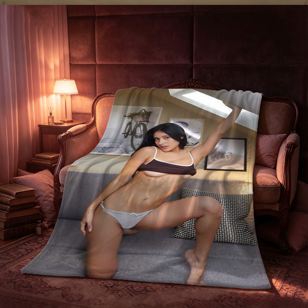 Elegant Asian beauty in ornate gold and pink lingerie sitting on the floor. - Blanket