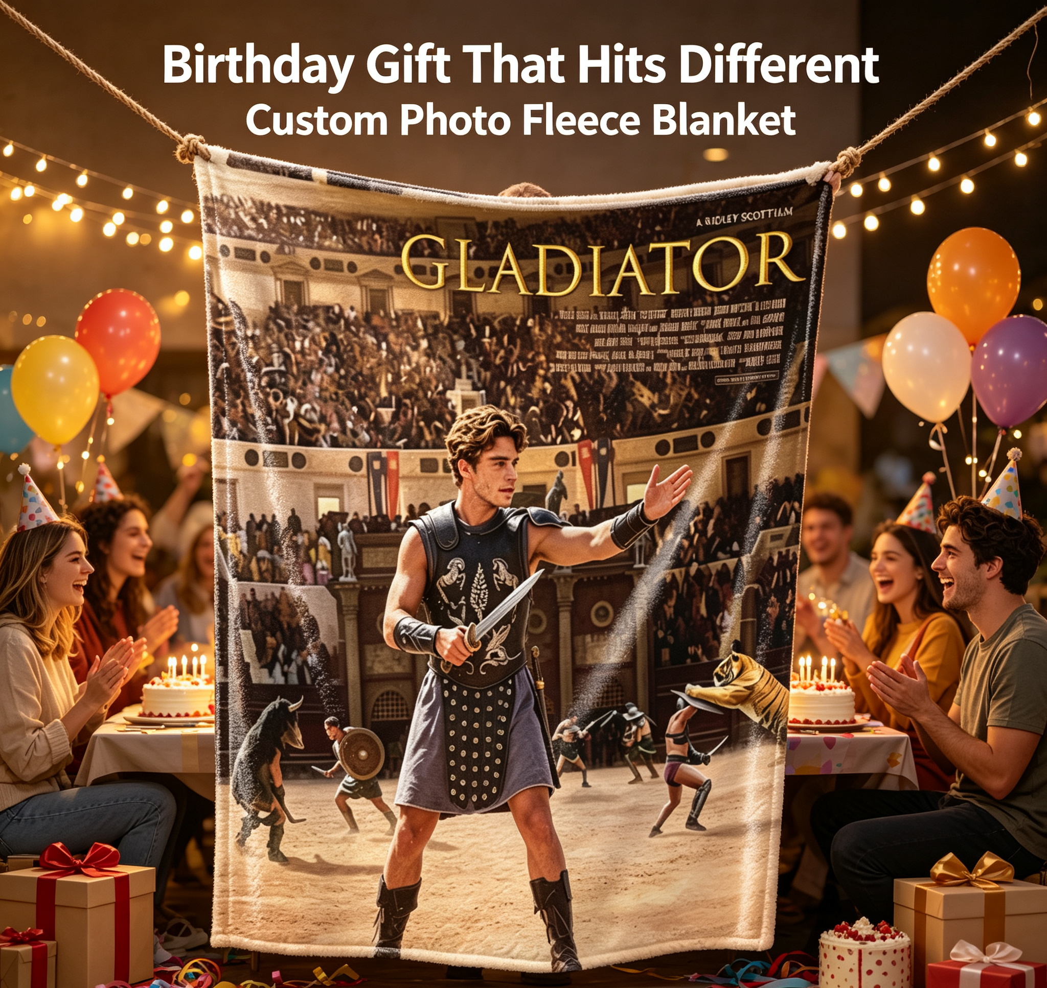Custom Face Blanket Gladiator Movie Inspired Flannel Blanket for Couch, Bed, or Travel – Perfect Gift for Movie Fans and Roman History Enthusiasts