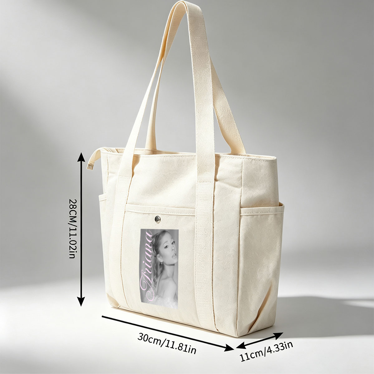 Ariana Grande Elegant Black and White Portrait with Pink Text Overlay - Multi-pocket bags