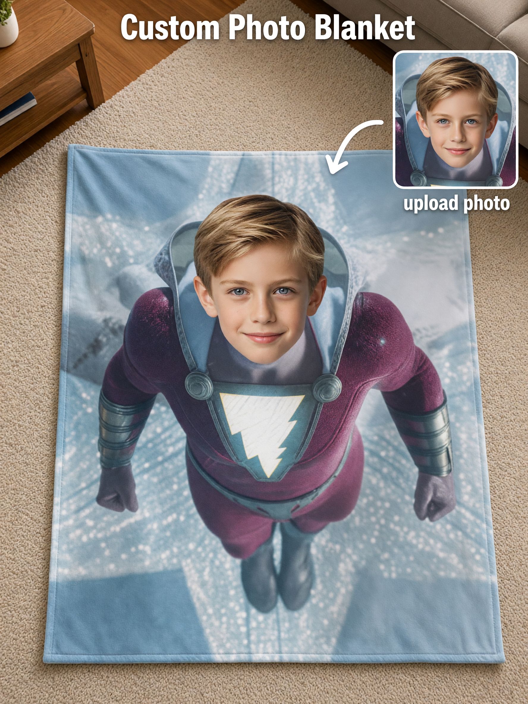 Custom Superhero Face Photo Blanket Ultra Soft Flannel Fleece Throw Personalized Hero Gift for Kids and Family