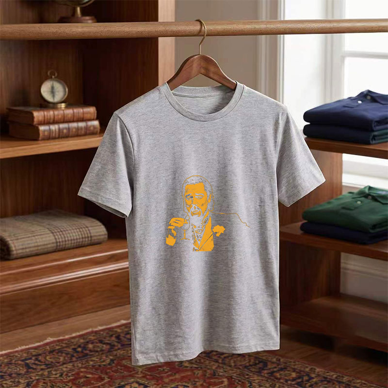 Liam Neeson as a suave gentleman holding a wine glass, stylized in bold yellow and black. - Tee