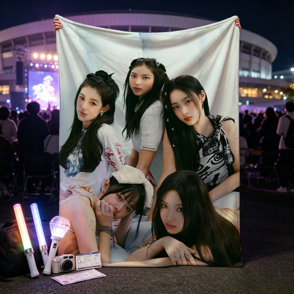 NewJeans Group Photo on Soft Blue Background with Casual Outfits and Relaxed Poses - Blankets