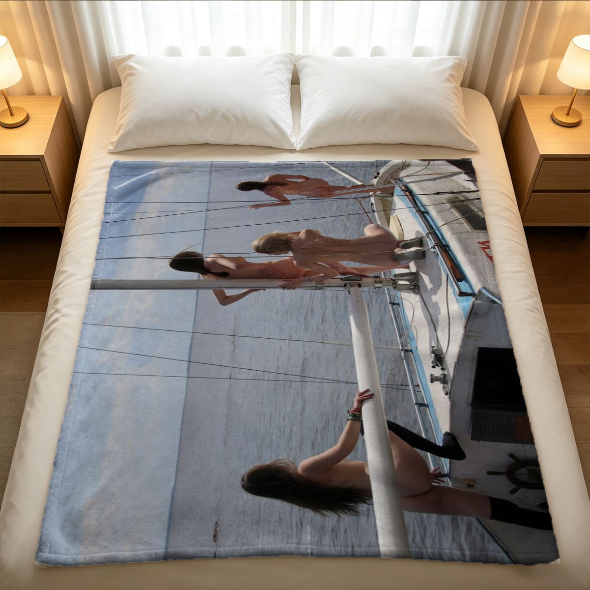A woman in sheer black bodysuit stretching arms overhead on patterned rug. - Blanket