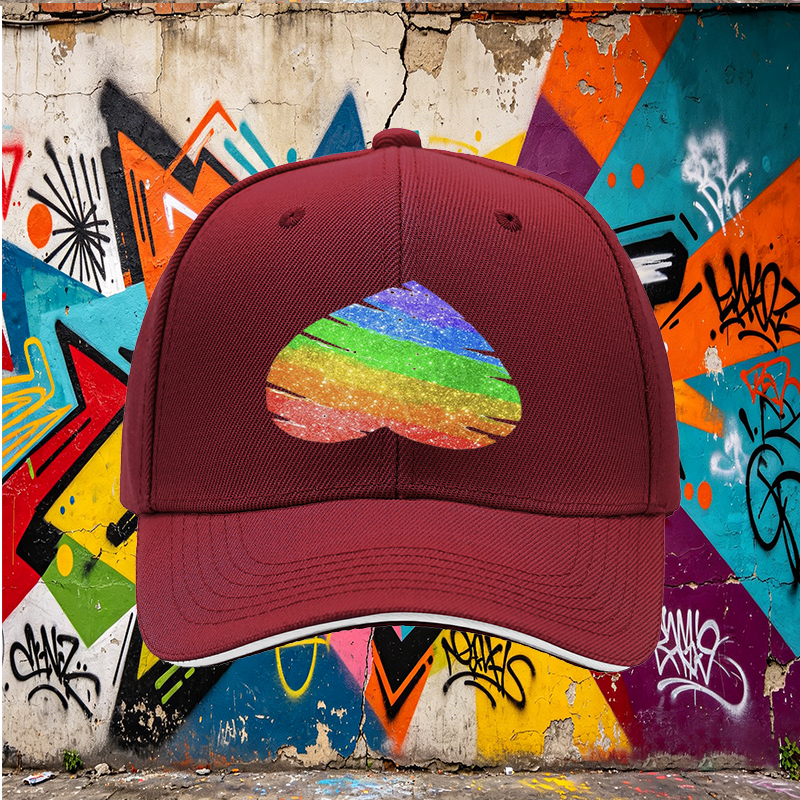 Unisex Classic Sandwich Hat with Rainbow Glitter Heart Print - Perfect for Pride Events, Outdoor Activities, and Casual Wear - Ideal for Adults Seeking Expressive Fashion Statement