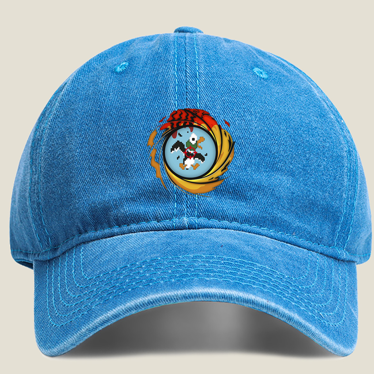 Duck Hunt: Pixel Duck in the Crosshairs - Washed Denim - Baseball Cap