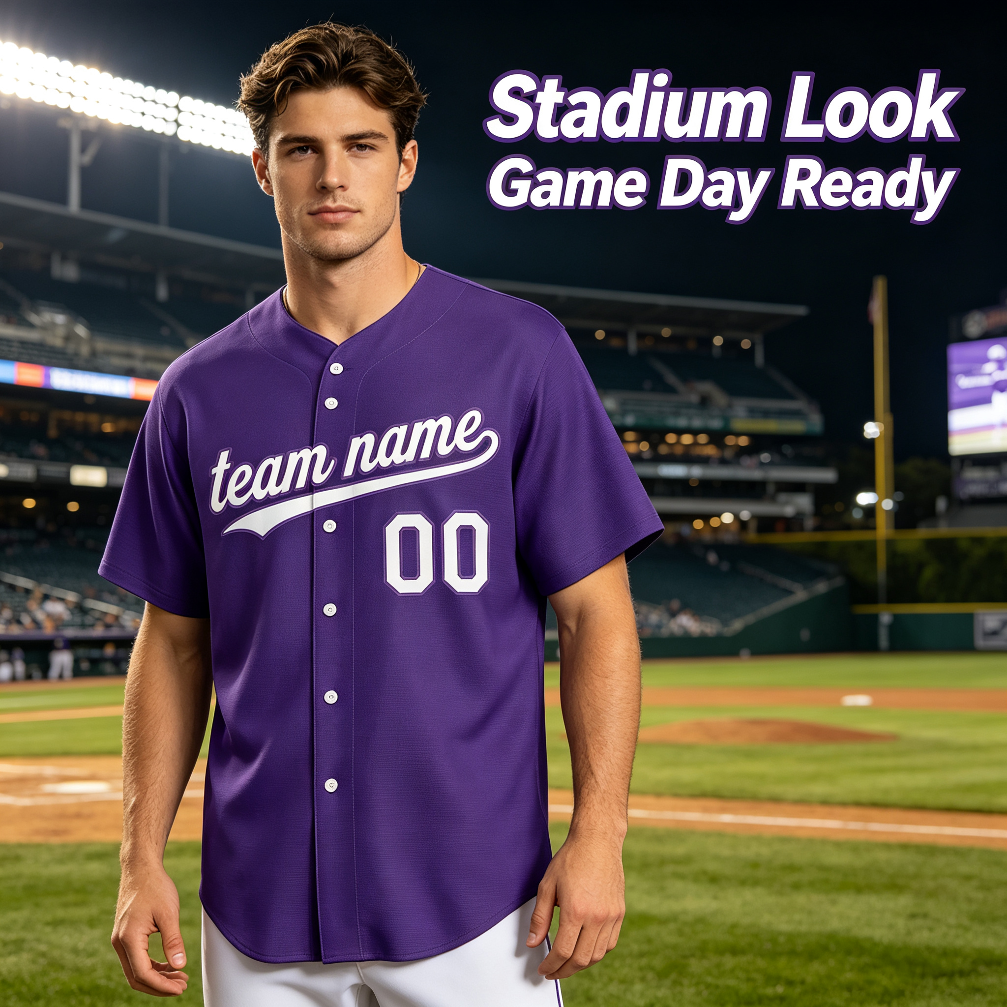 Custom Printed Colorado Mountain Style Baseball Jersey Royal Purple Short Sleeve Button Down Shirt for Men and Women