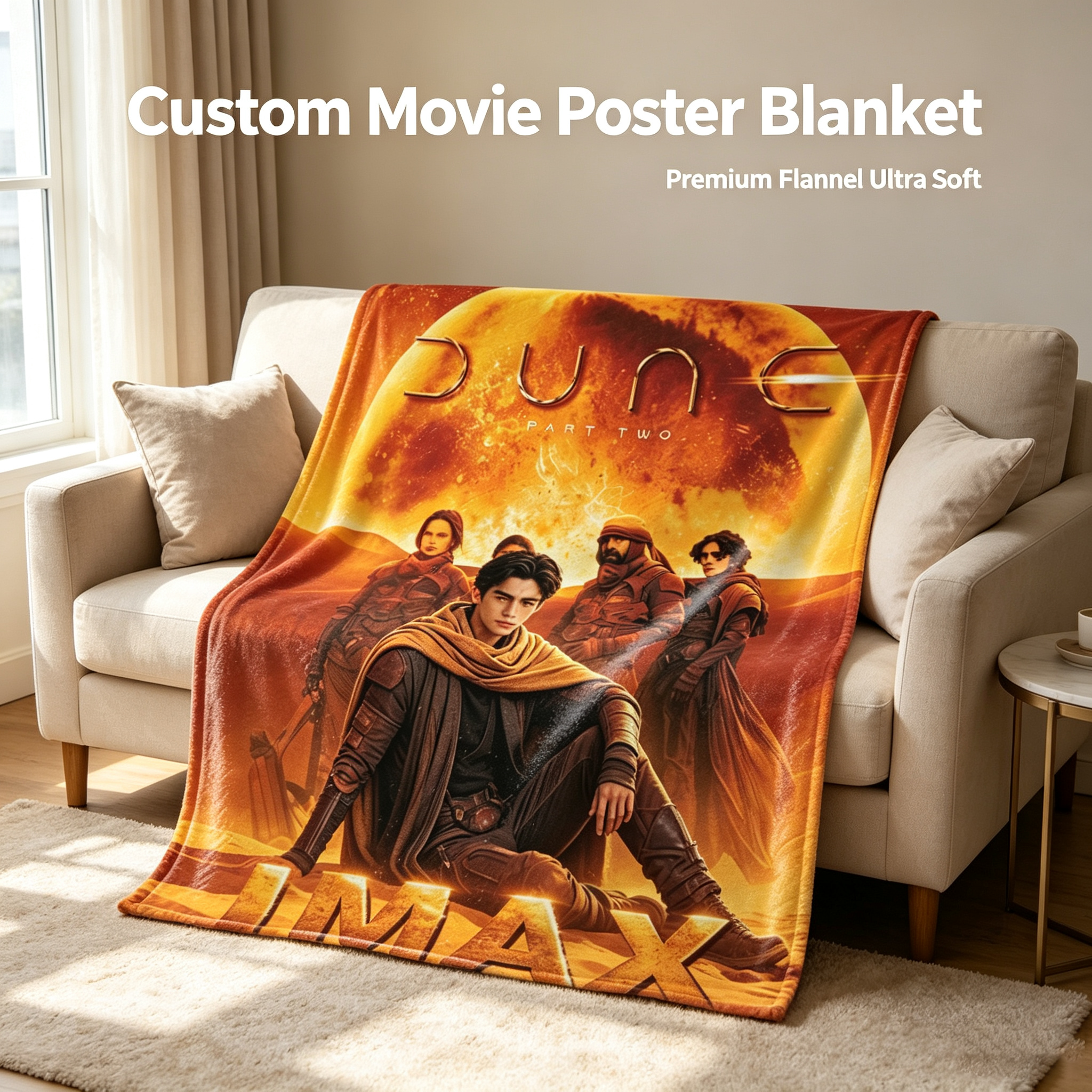 Custom Face Blanket Dune Part Two Flannel Blanket Movie Poster Design Desert Adventure Theme Cozy Bedding Gift for Fans and Collectors