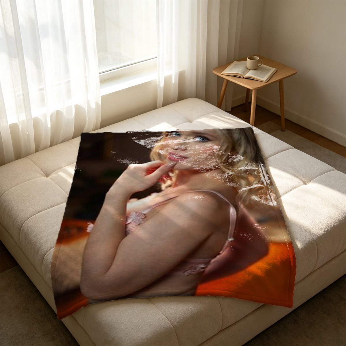 A woman in green lace lingerie posing by the window. - Blanket