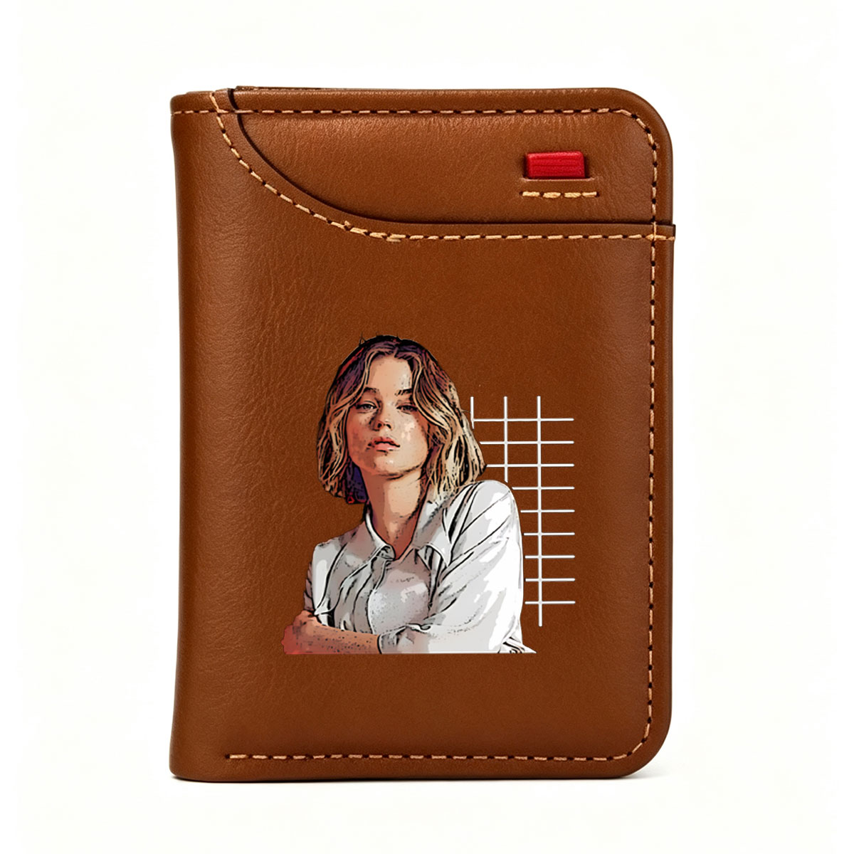 Portrait of a woman with short blonde hair, wearing a white shirt, arms crossed, against a black background with a grid pattern. - Vertical Style Wallet