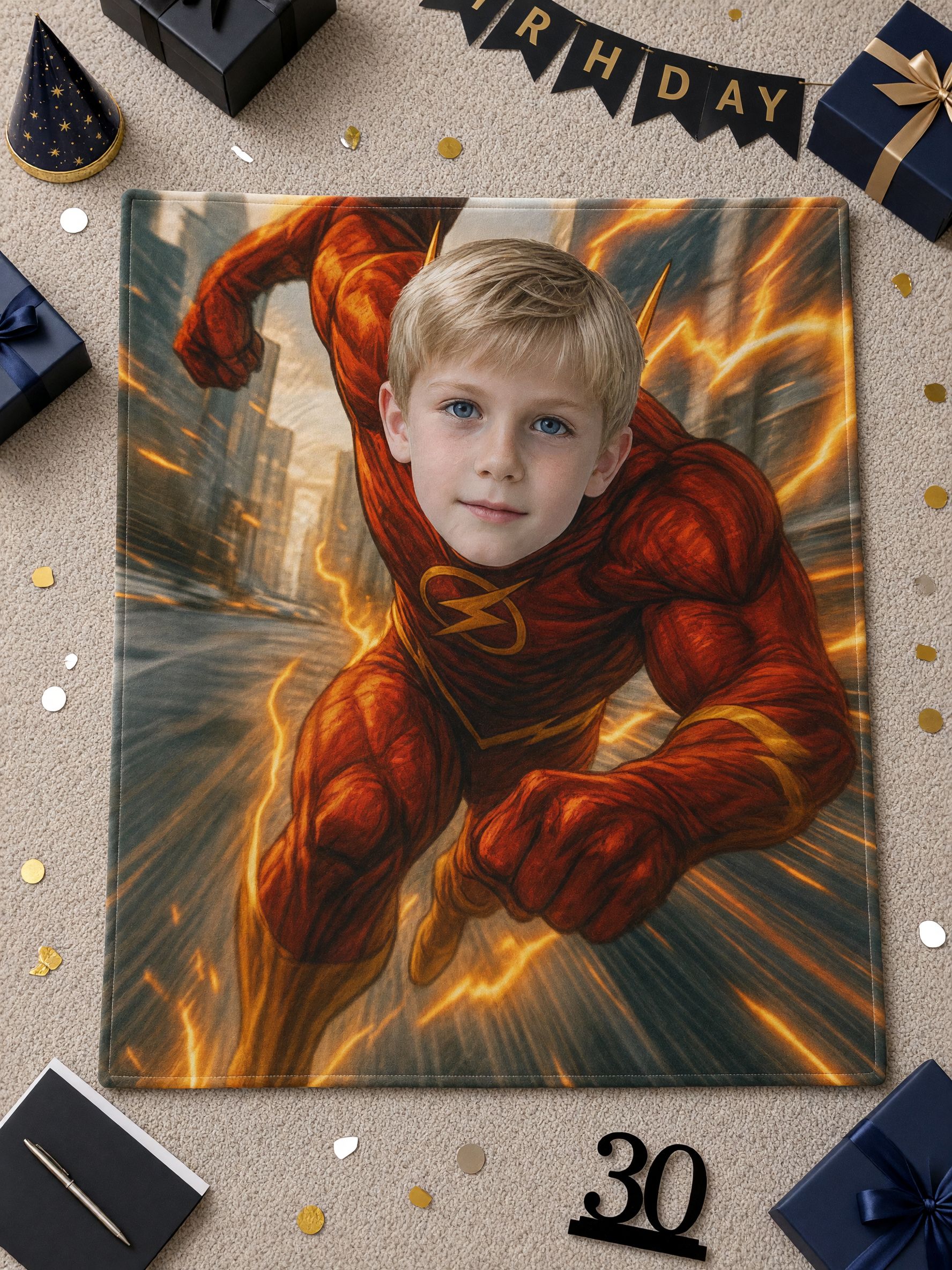 Custom Face Flannel Blanket with Red Lightning Superhero Design, Ultra-Soft Anti-Pilling Plush Throw, Ideal
