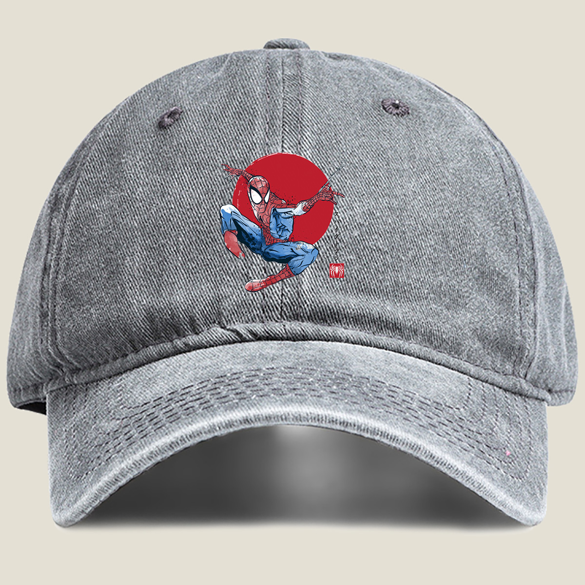 Spider-Man in Action Against Red Sun Background - Washed Denim - Baseball Cap