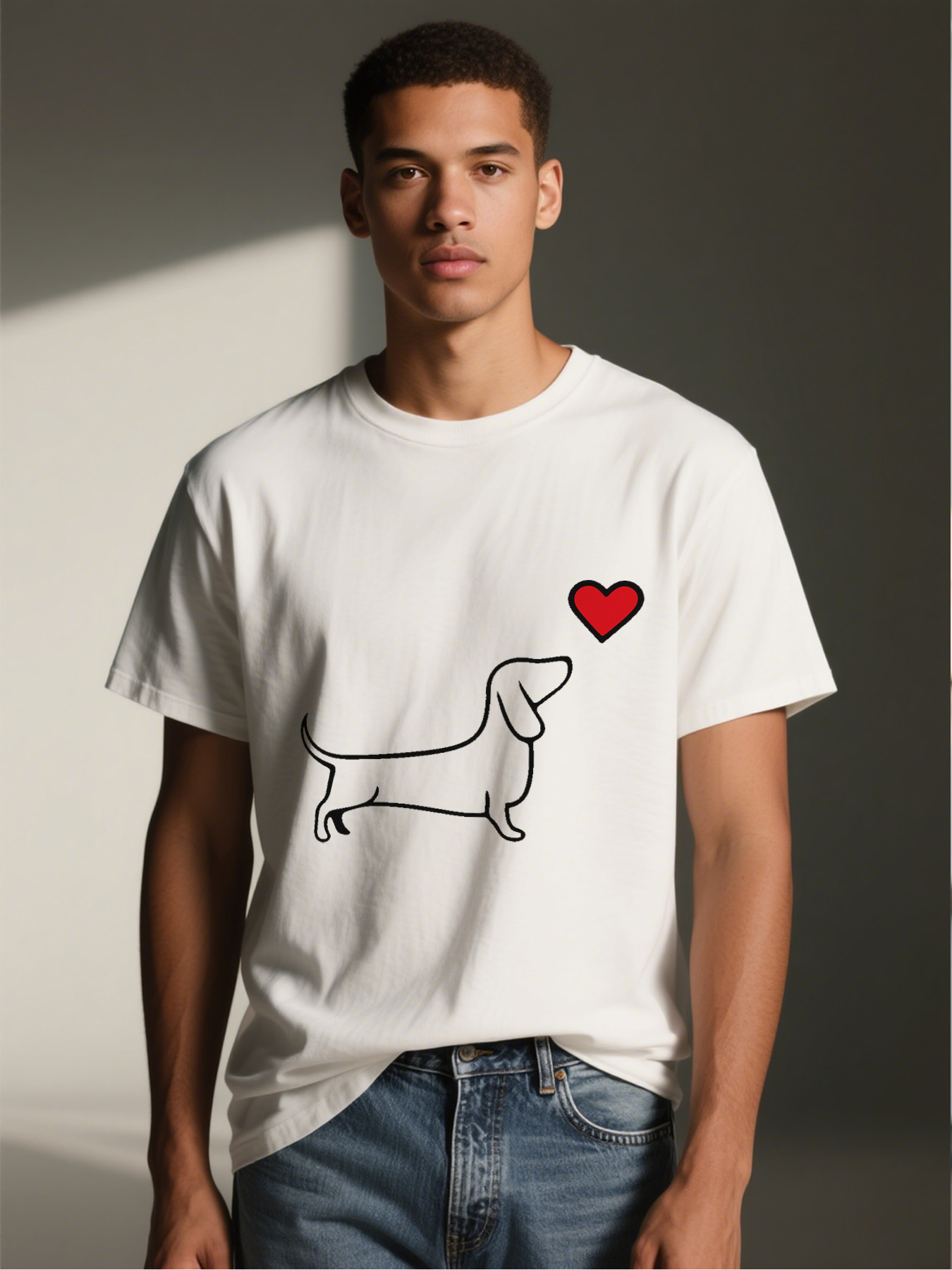 Men's Dachshund Dog Love Print T-Shirt Casual Round Neck Lightweight Breathable Summer Short Sleeve Tee for Dog Lovers and Pet Enthusiasts