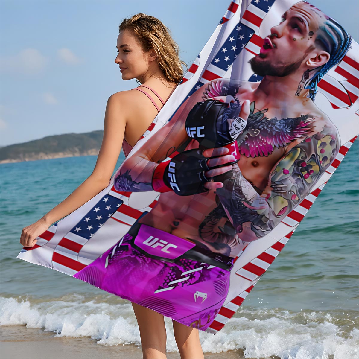 Sean O'Malley in UFC Gear with American Flag Design Background - Beach towels