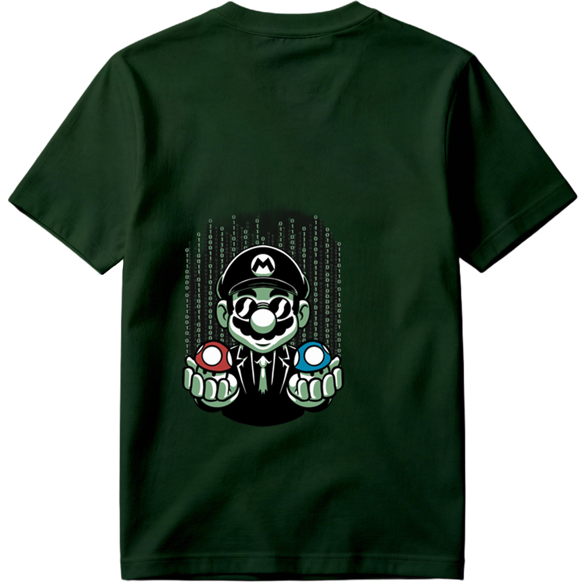 Mario in Matrix Code with Red and Blue Mushrooms - Tee