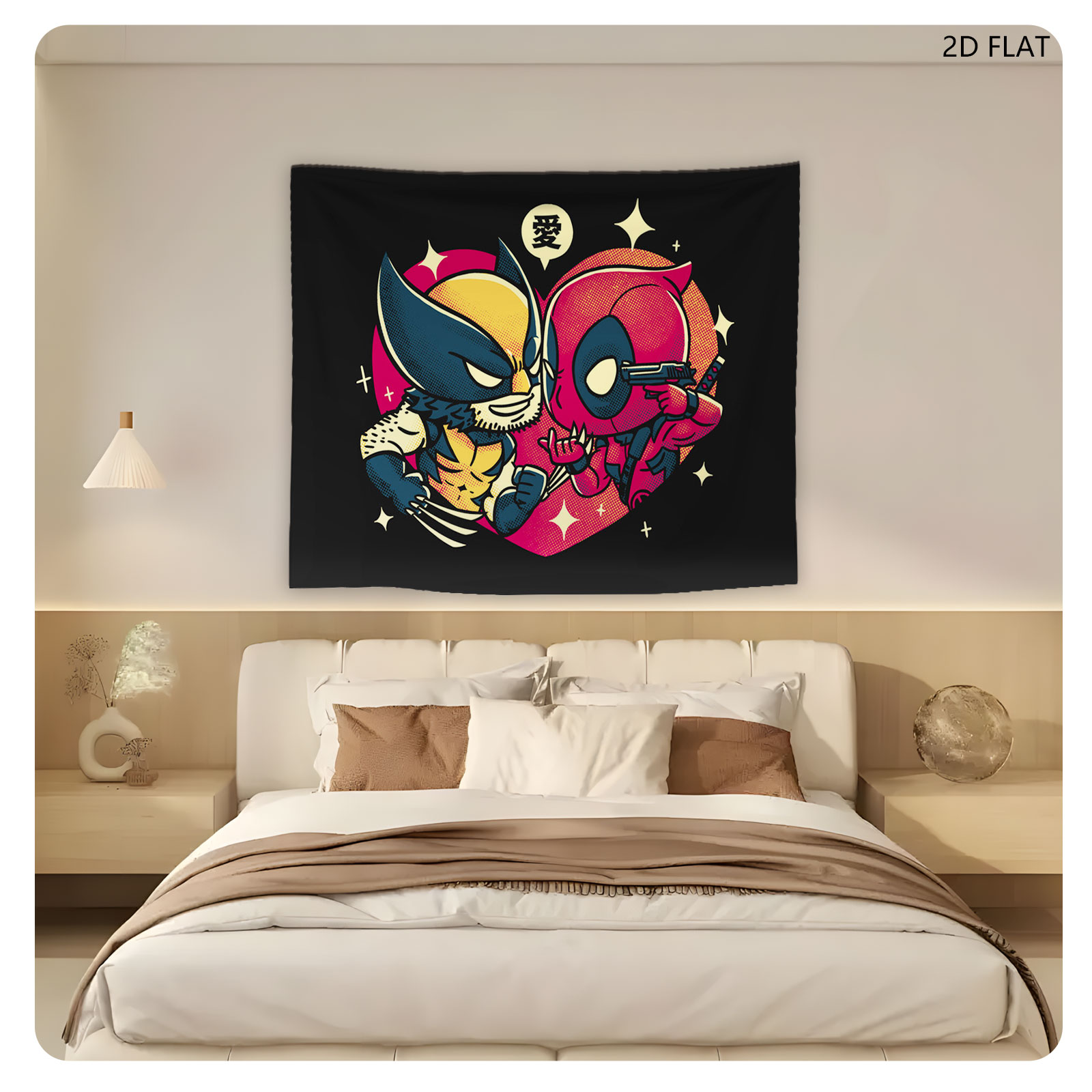 Wolverine and Deadpool in a Heart-Shaped Embrace with Love Symbol - Tapestry