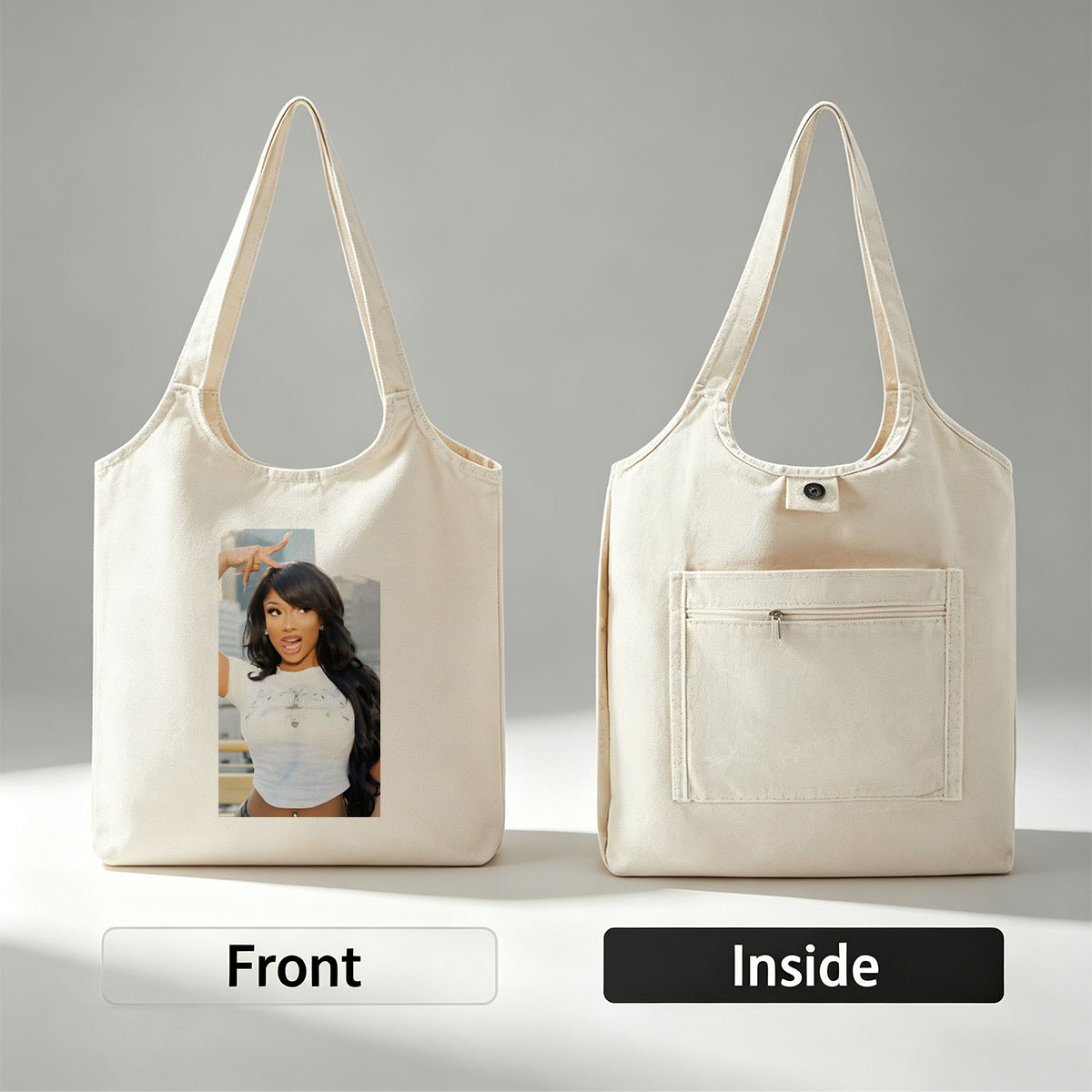 Megan Thee Stallion in a Bold Pose Wearing a White Crop Top with Cross Design and Long Black Hair Against a City Skyline Background - Canvas shoulder bags/