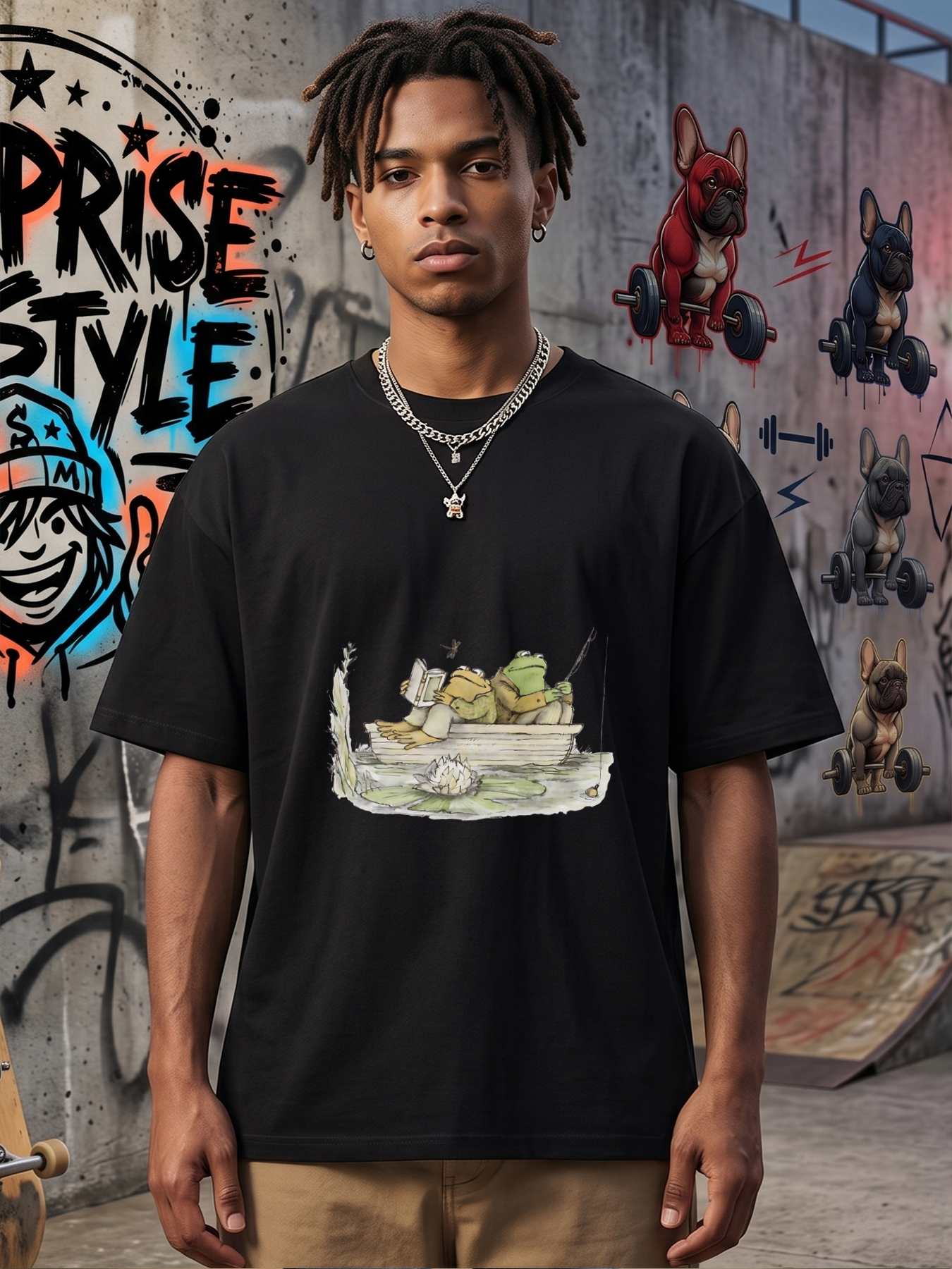 Men's Printed T-Shirt Frog Fishing and Reading in Boat Cartoon Design Casual Round Neck Summer Lightweight Breathable Short Sleeve T-Shirt for Outdoor Leisure Nature Lovers Adults