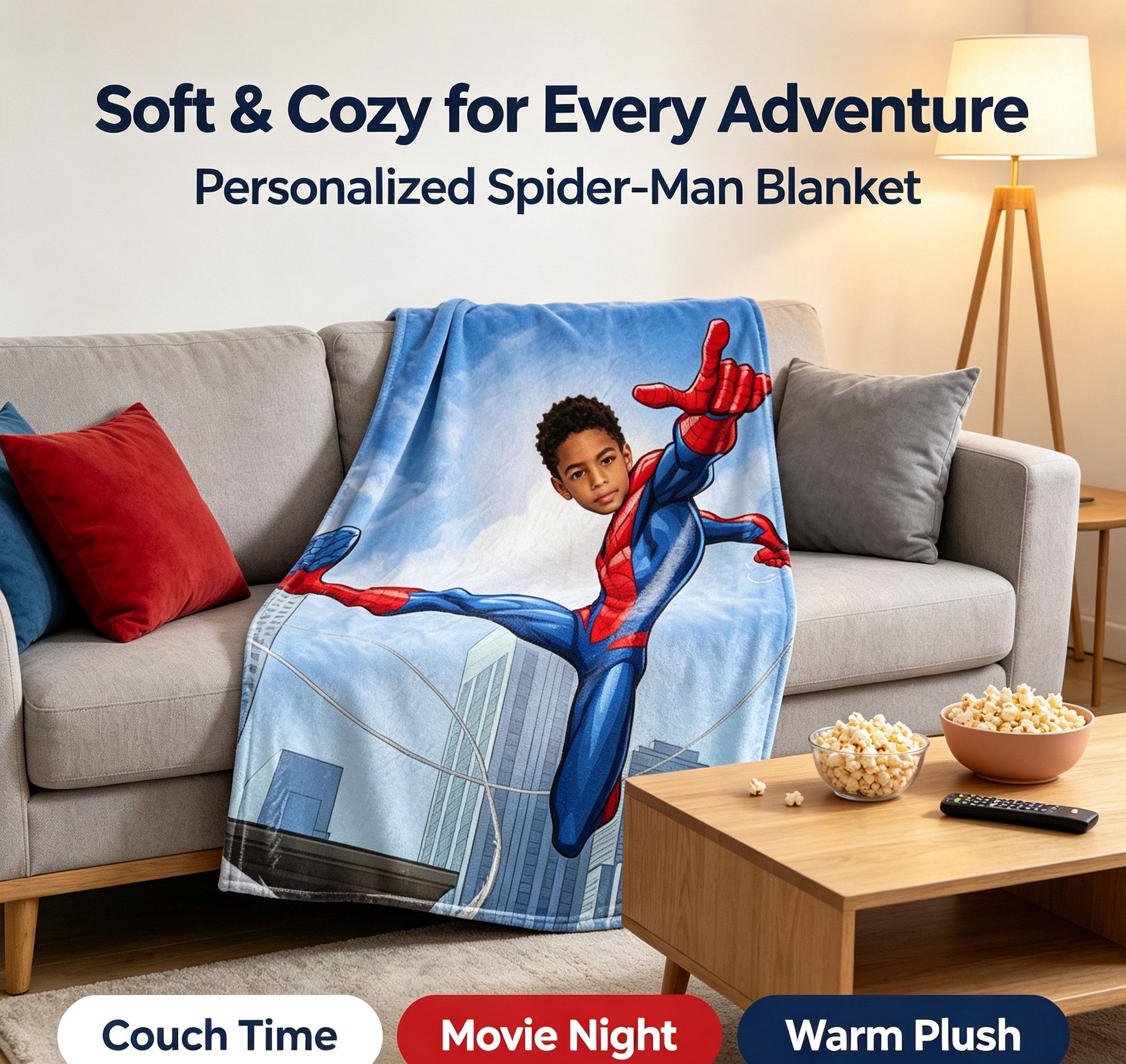 Custom Spider-Man Photo Blanket, Personalized Superhero Fleece Throw for Kids, Custom Face Blanket Unique Birthday Gift for Boys and Spider-Man Fans