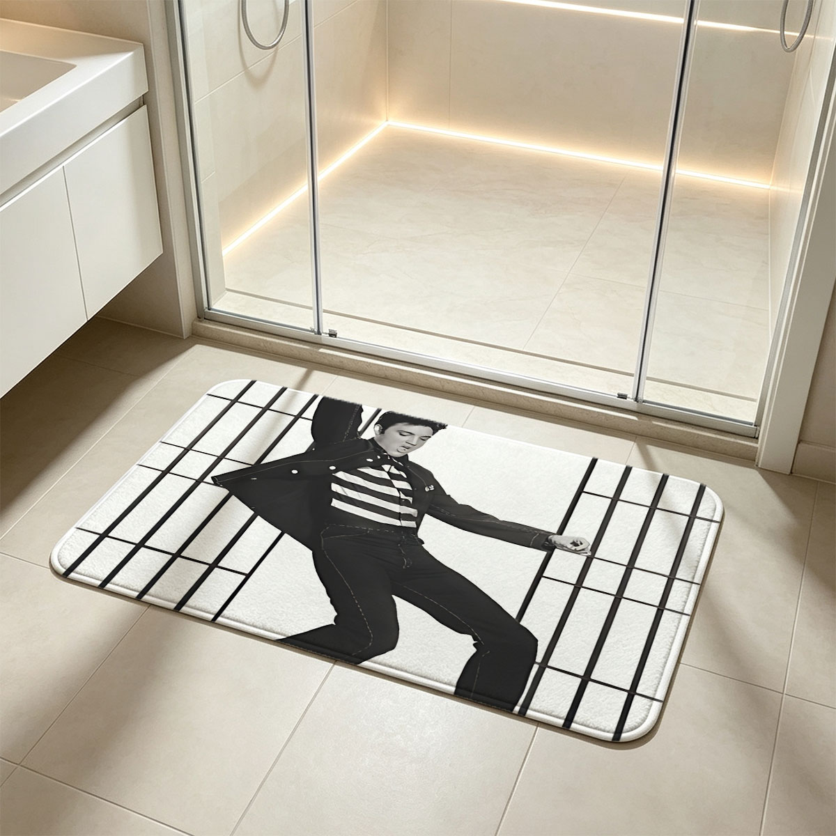 Elvis Presley in Jailhouse Rock Pose with Bars - Flannel floor mat