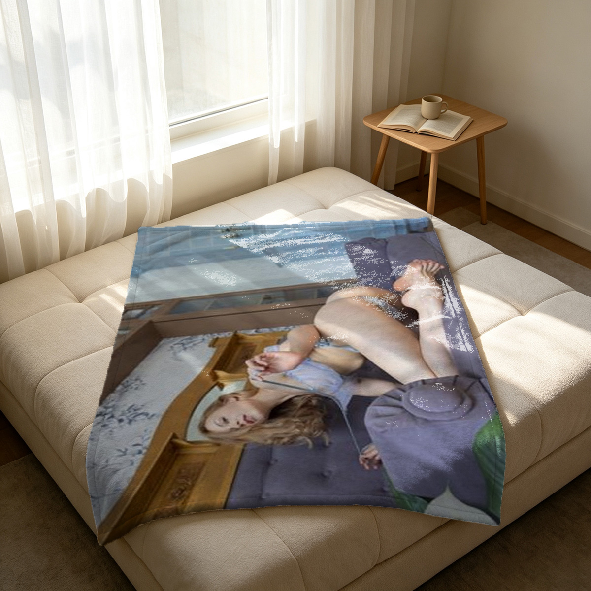 Nude Asian beauty in captain hat posing on Louis Vuitton cherry blanket - Blanket