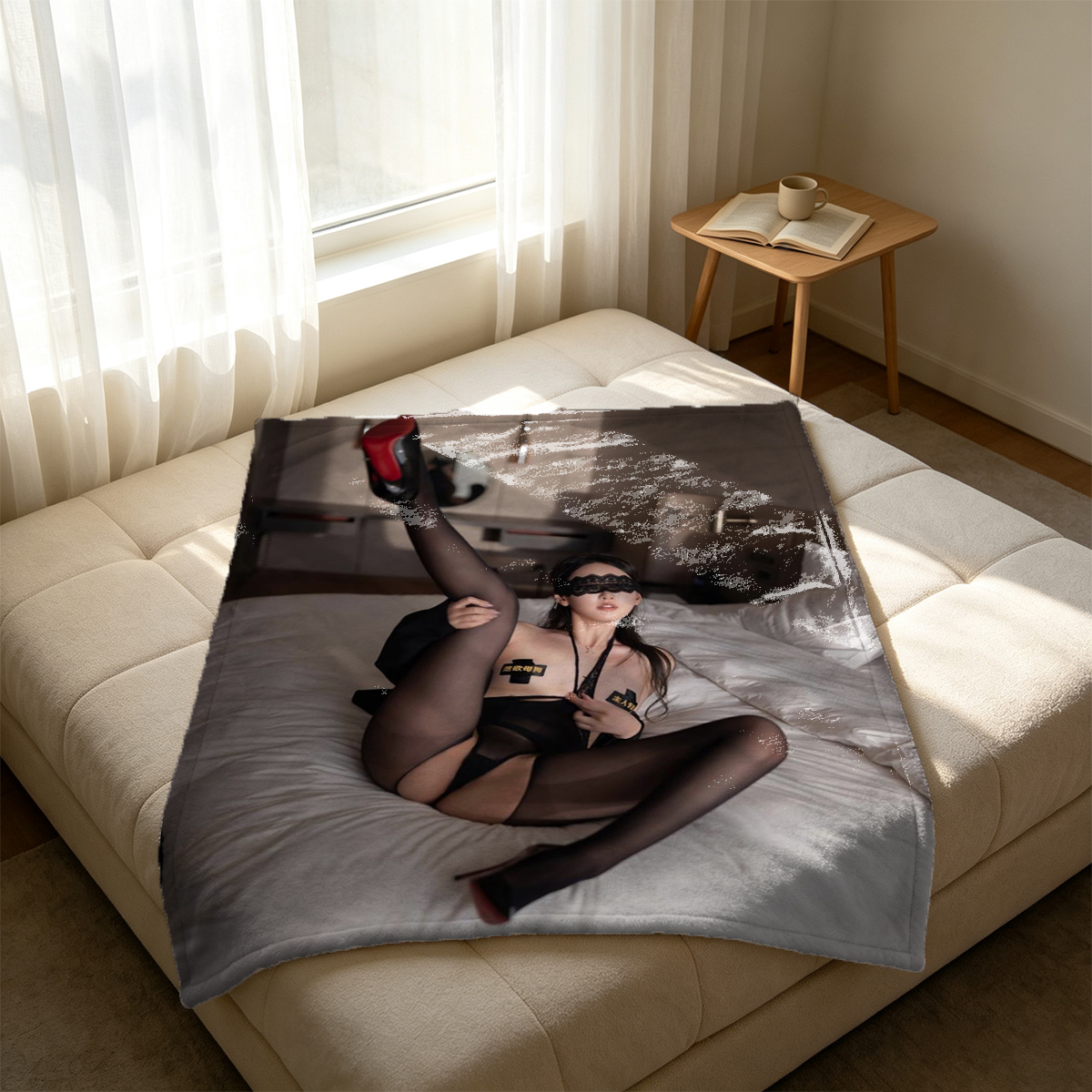 Pink Lingerie Pose on Sofa - Blanket