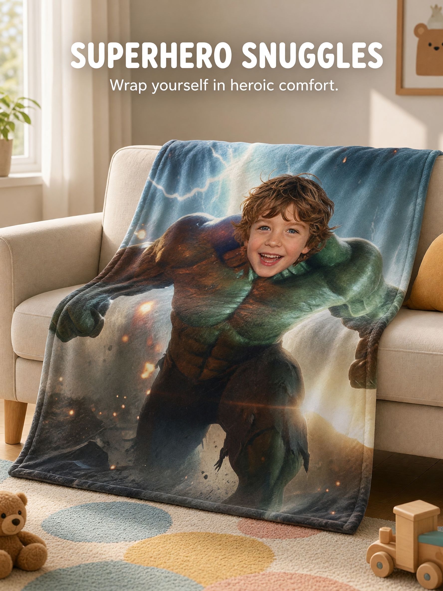 Personalized Superhero Face Photo Flannel Blanket Ultra Soft Anti Pilling Throw for Kids Cozy Custom Bedding Gift