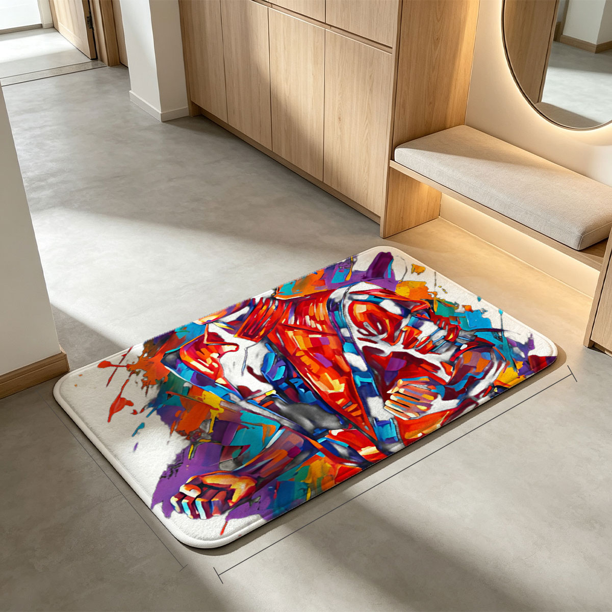 Michael Jackson in vibrant, dynamic art style, wearing iconic red jacket, set against colorful abstract background. - Flannel floor mat