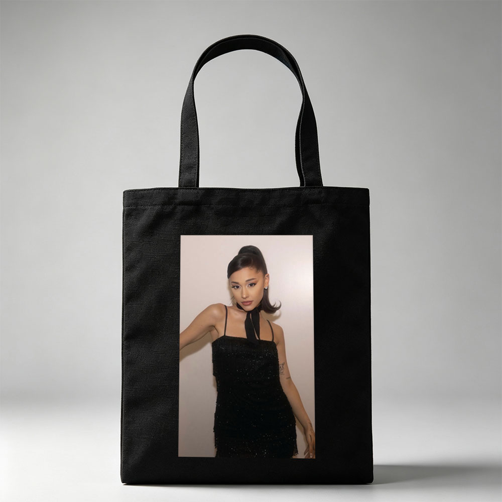 Ariana Grande in a Black Sparkle Dress with High Ponytail and Elegant Makeup - Canvas tote bags