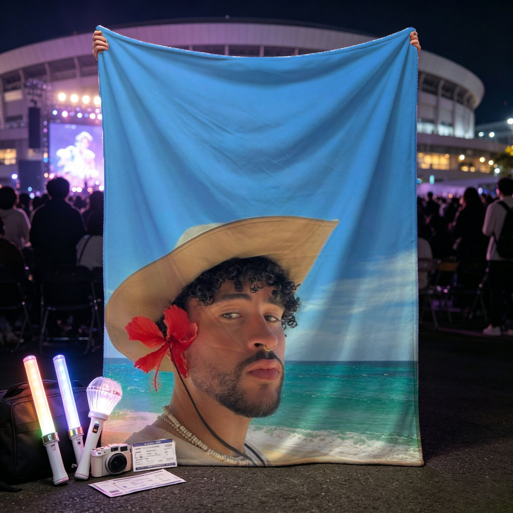 Bad Bunny on the Beach Wearing a Straw Hat with Red Flower and Beaded Necklace - Blankets