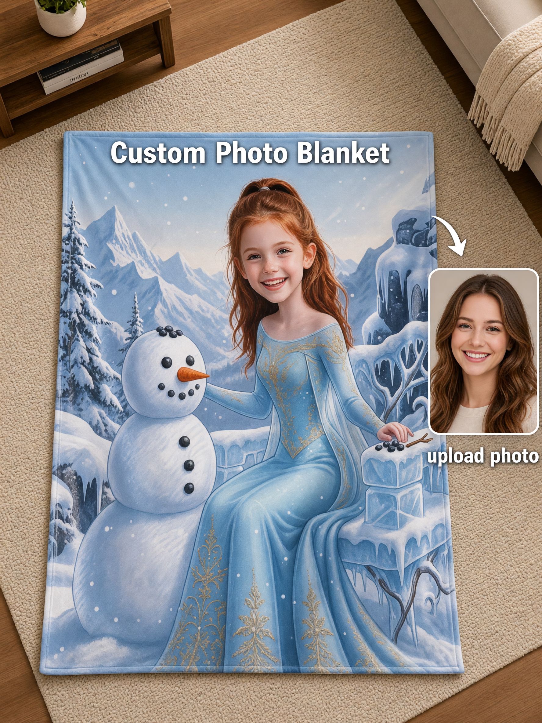 Custom Photo Blanket Personalized Ice Princess Snowman Throw Ultra Soft Flannel Fleece Bed Couch Cozy Gift for Girls