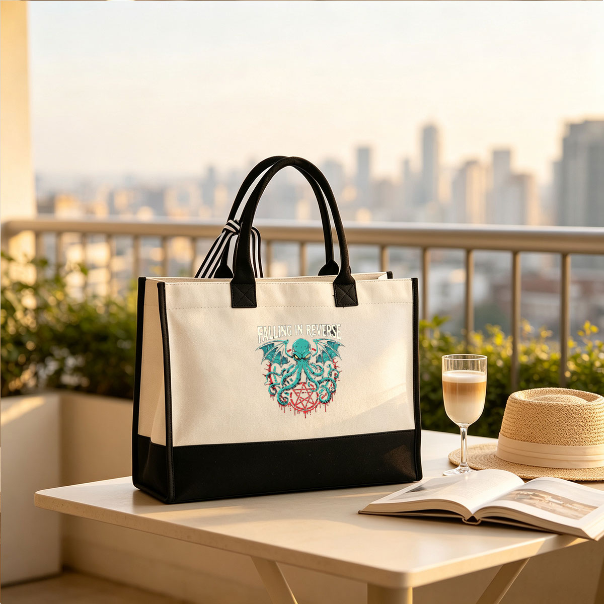Falling in Reverse: Octopus with Bat Wings and Pentagram - Canvas patchwork gift tote bag