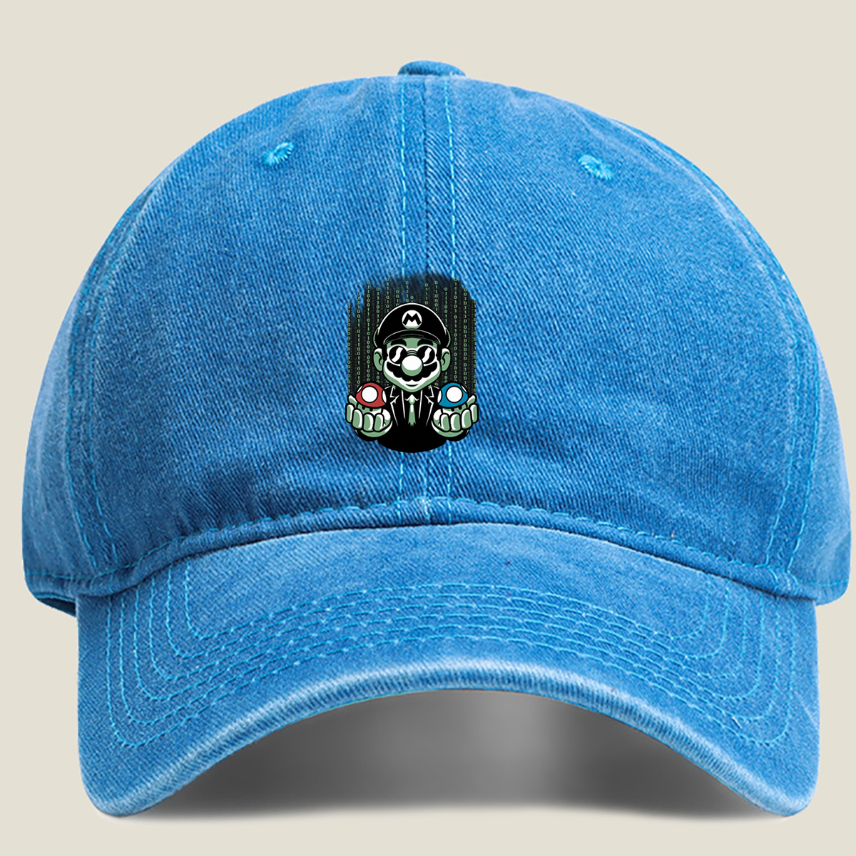 Mario in Matrix Code with Red and Blue Mushrooms - Washed Denim - Baseball Cap