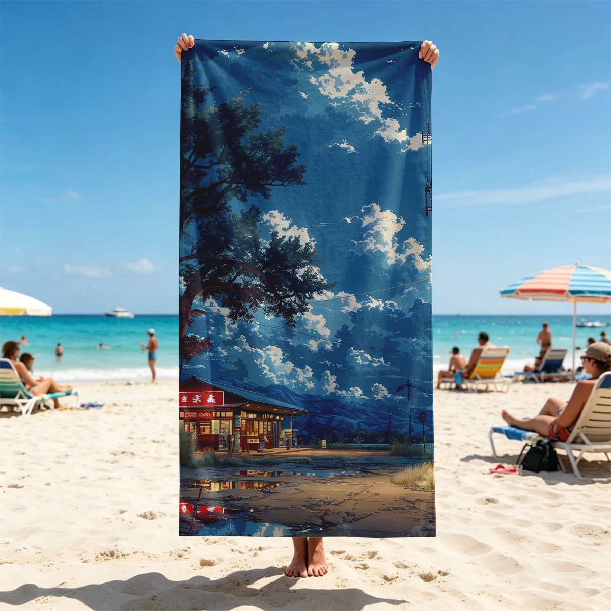 A cozy roadside shop under a vast sky, illuminated by warm lights and framed by a large tree and distant mountains. - Beach towels