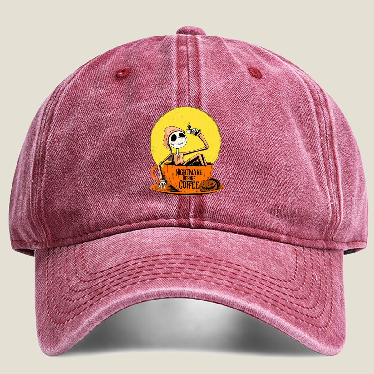 Jack Skellington in Coffee Cup - Nightmare Before Coffee - Washed Denim - Baseball Cap