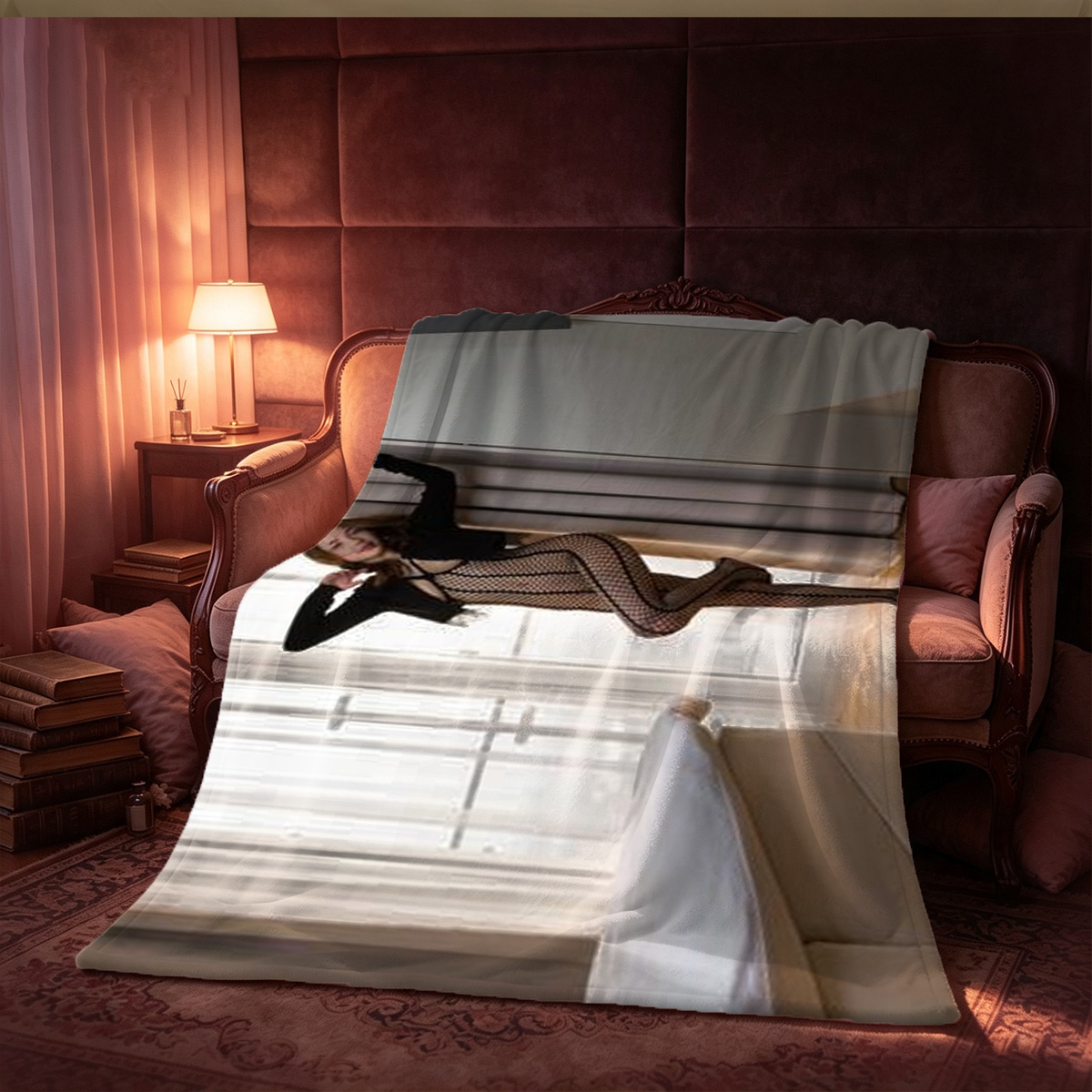 Two seductive women in lingerie and schoolgirl skirt embracing by the window. - Blanket