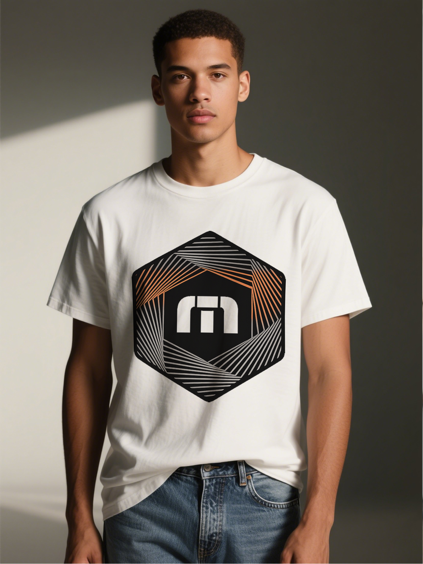 Men's Printed T-Shirt Geometric Hexagon Design with Abstract Lines and Bold Logo Casual Round Neck Lightweight Breathable Summer Short Sleeve T-Shirt for Daily Wear, Outdoor Activities, Urban Style Men